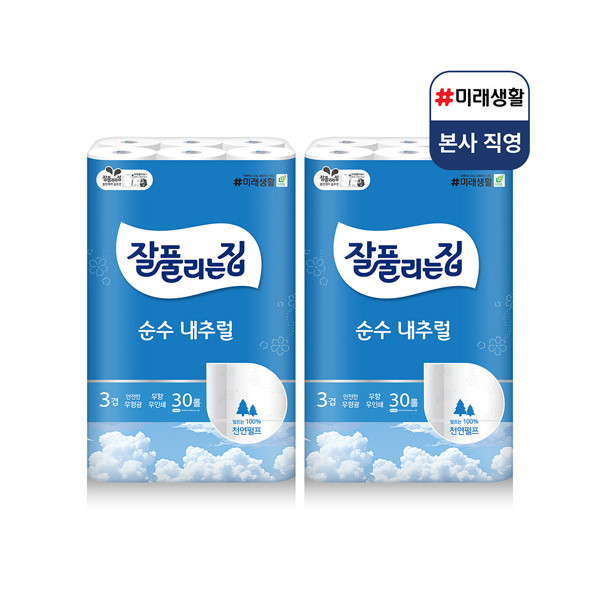 미래생활 잘풀리는집 순수 내추럴 3겹 천연펄프 화장지 30m, 30롤, 2팩 | getmall